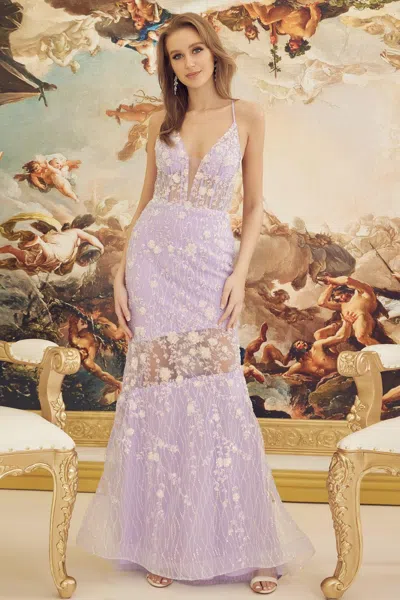 Nox Anabel C1195 Long Spaghetti Strap Sexy Beaded Prom Gown In Purple