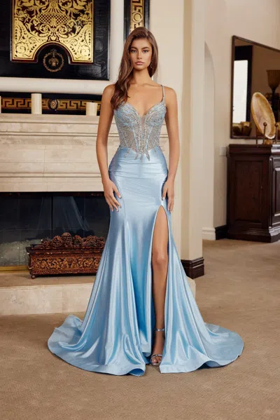 Nox Anabel C1831 Fitted Formal Evening Long Beaded Prom Dress In Blue