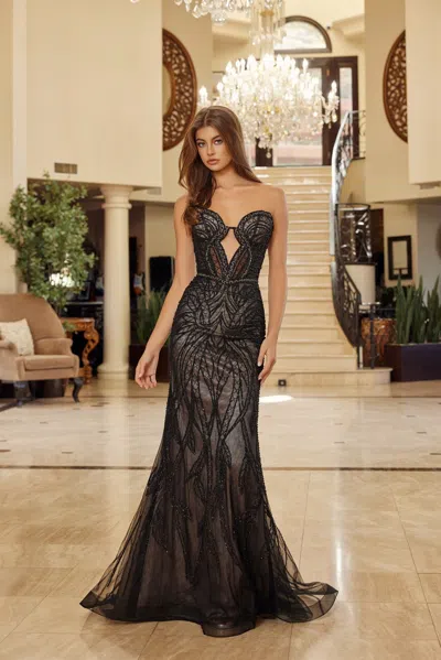 Nox Anabel C1848 Beaded Long Formal  Fitted Prom Dress In Black