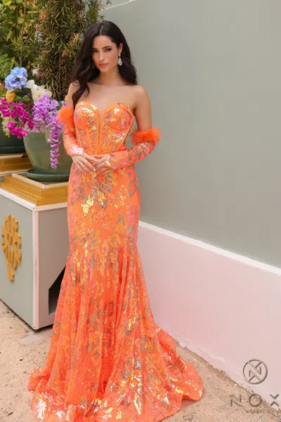 Nox Anabel D1269 Sequin Long Prom Mermaid Gown In Orange