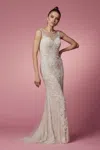 Nox Anabel E1006p Long Fitted Floral Applique Wedding Dress In Brown