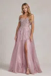 Nox Anabel E1128 Long Off Shoulder Beaded Prom Gown In Pink