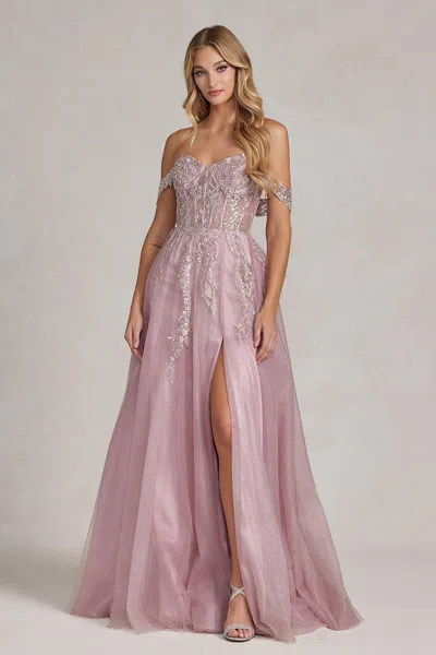 Nox Anabel E1128 Long Off Shoulder Beaded Prom Gown In Pink
