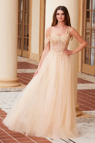 Nox Anabel F1567 Long A Line Formal Prom Dress In Gold
