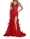 Nox Anabel Fitted Glitter Print Feather Gown In Red In Red
