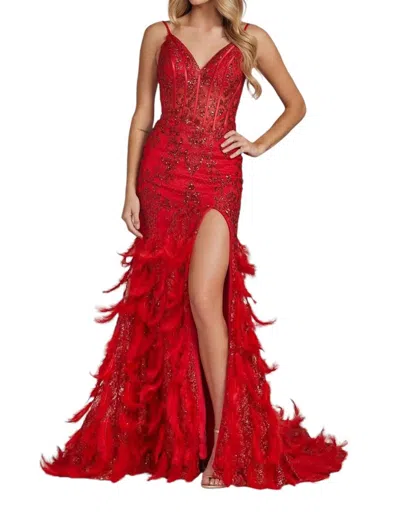 Nox Anabel Fitted Glitter Print Feather Gown In Red