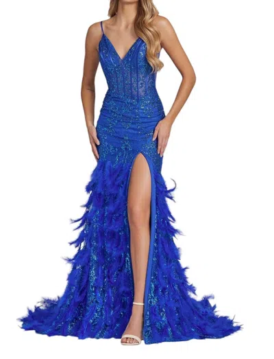 Nox Anabel Fitted Glitter Print Feather Gown In Royal Blue