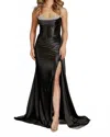 Nox Anabel Fitted Satin Beaded Sleeveless Slit Gown In Black