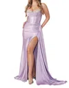 Nox Anabel Fitted Satin Beaded Sleeveless Slit Gown In Lilac In Blue