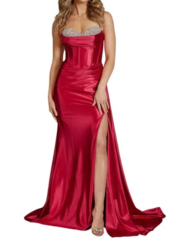 Nox Anabel Fitted Satin Beaded Sleeveless Slit Gown In Red