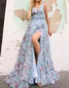 Nox Anabel Floral Print A-line Ruffled Slit Prom Gown In Blue
