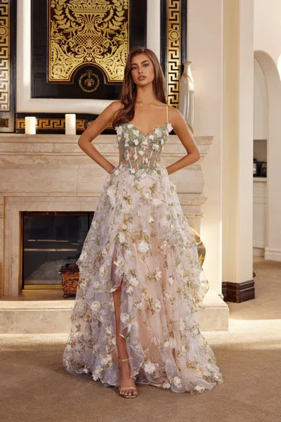 Nox Anabel G1783 Long Formal Floral Applique Prom Dress In Neutral