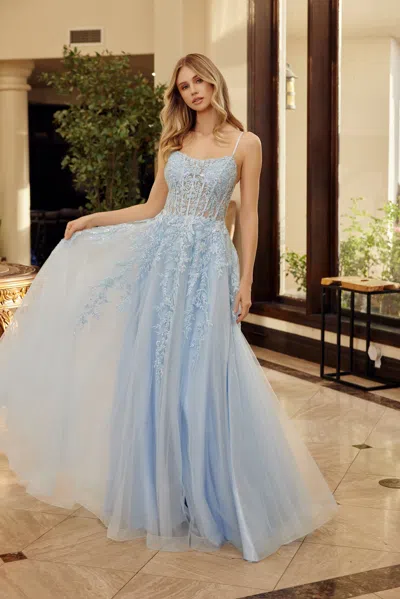 Nox Anabel H1886 Long Formal Corset Sequin Prom Dress In Blue