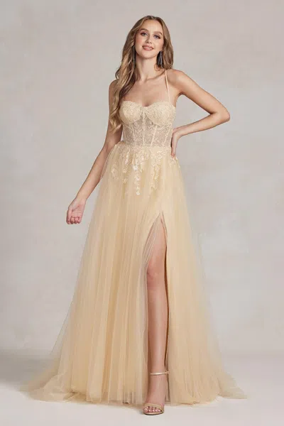 Nox Anabel J1089 Long Spaghetti Strap Sexy Prom Ball Gown In Gold
