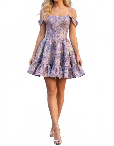 Nox Anabel Jacquard Short Off Shoulder Dress In Lilac Multi In Purple