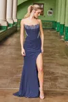 Nox Anabel M1705 Long Evening Fitted Slit Beaded Prom Dress In Blue
