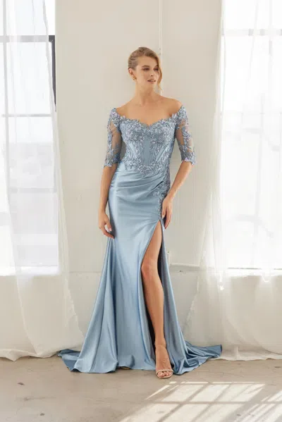 Nox Anabel Md156 Long Formal Lace Applique Plus Size Dress In Blue