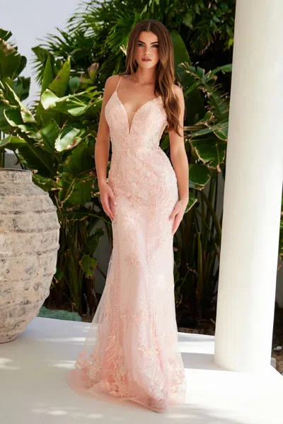 Nox Anabel Q1542 Fitted Long Sequin Applique Formal Prom Dress In Pink