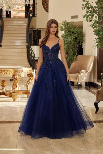 Nox Anabel Q1778 A Line Long Formal Beaded Prom Dress In Blue
