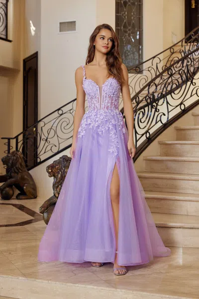 Nox Anabel R1824 Long Formal Beaded A Line Prom Dress In Purple