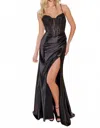 Nox Anabel Satin Lace Bodice Slit Gown In Black