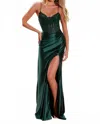 Nox Anabel Satin Lace Bodice Slit Gown In Emerald
