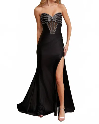Nox Anabel Satin Strapless Bow Slit Gown In Black