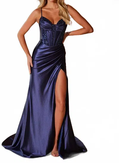 Nox Anabel Sequin-corset Long Prom Dress In Navy In Blue