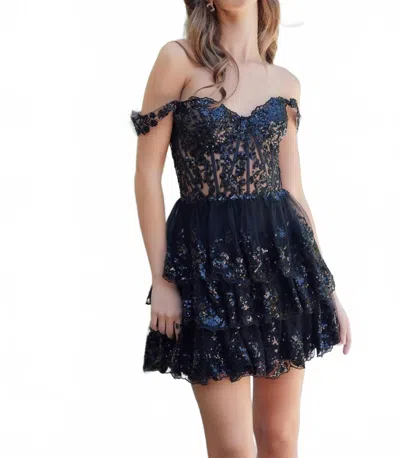 Nox Anabel Short Off Shoulder Tiered Dress In Black In Blue