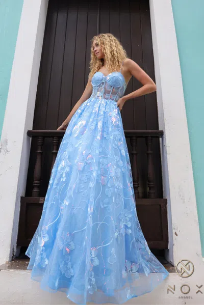 Nox Anabel T1332 A Line Long Formal Floral Print Prom Dress In Blue
