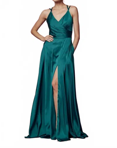 Nox Anabel V Neck Satin Gown With Front Slit And Corset Closure In Hunter Green