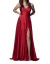 Nox Anabel V Neck Satin Gown With Front Slit And Corset Closure In Red In Burgundy