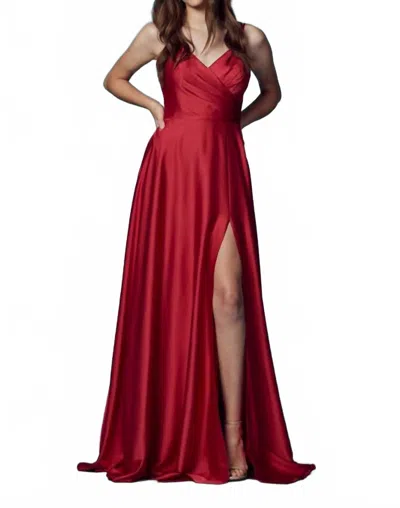 Nox Anabel V Neck Satin Gown With Front Slit And Corset Closure In Red In Burgundy