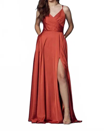 Nox Anabel V Neck Satin Gown With Front Slit And Corset Closure In Rust In Red