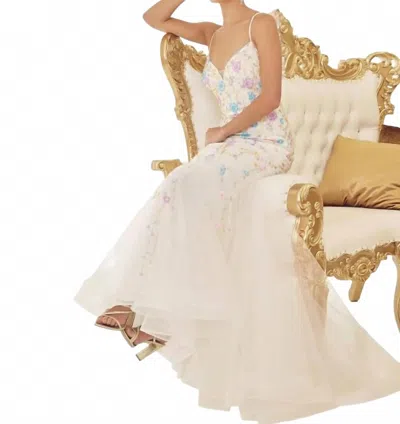 Nox Anabel V-neck Floral Beaded Prom Gown In White In Multi