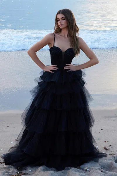 Nox Anabel Y1545 Long Sequin Ball Gown Formal Layered Prom Dress In Black