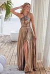 Nox Anabel Y1548 Pleated Long Formal Metallic Prom Dress In Gold