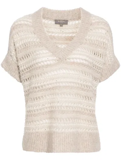 N•peal Open-knit V-neck Top In Neutrals