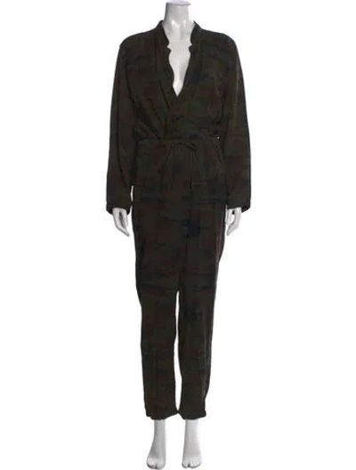 Pre-owned Nsf Camouflage Print V-neck Jumpsuit In Green