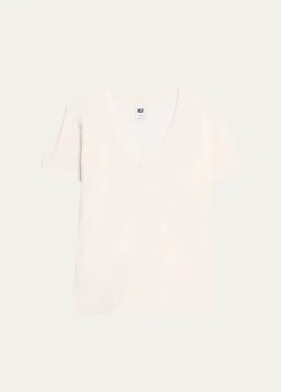Nsf Clothing Cora V-neck Cotton Knit Short-sleeve T-shirt In Soft White