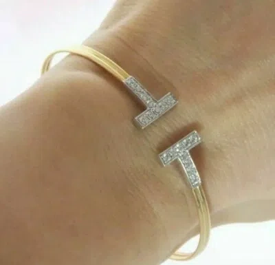 Pre-owned Nsg 0.60 Cts Genuine Ladies Cuff Bangle Bracelet 14k Yellow Gold Plated Silver In H