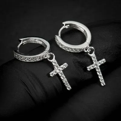 Pre-owned Nsg 1 Ct Genuine Moissanite Men's Cross Hoop Earrings 14k White Gold Plated Silver