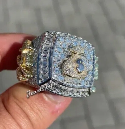 Pre-owned Nsg 100% Natural Moissanite Men's Customize Any Letter 3d Money Bag Bold Ring Silver In White