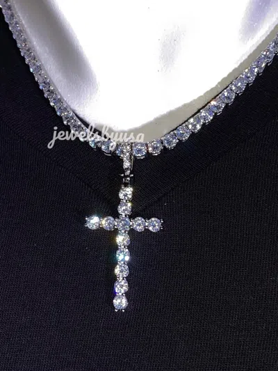 Pre-owned Nsg 10ct Real Moissanite Men's Holy Cross Pendant 4 X 20" Tennis Chain 925 Silver In White