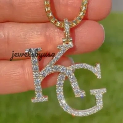 Pre-owned Nsg 1.1ct Natural Diamond Any 2 Letter Custom Initial Pendant 14k Gold Plated Silver In White