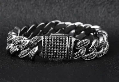 Pre-owned Nsg 12mm Men's Fancy Cuban Link Bracelet 4.25cts Cubic Zirconia 925 Silver 8" In Black