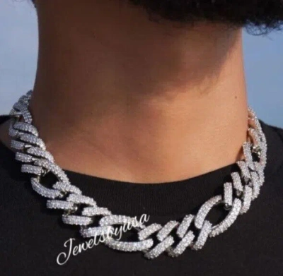 Pre-owned Nsg 16 X 20" Genuine Moissanite Figaro Link Chain For Men's White Gold Plated Silver