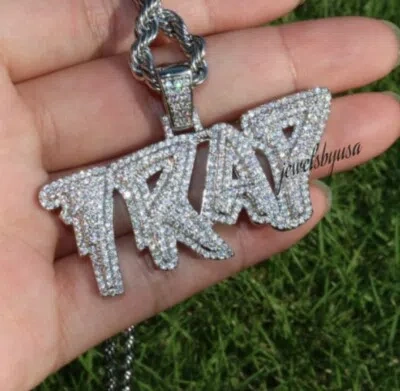 Pre-owned Nsg 1.99ct Genuine Moissanite Custom "trap" Layer Name Pendant Rope Chain 925 Silver In White