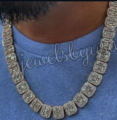 Pre-owned Nsg 20ct Real Baguette Moissanite 12 X 20" Style Link Necklace Free Stud Silver In White