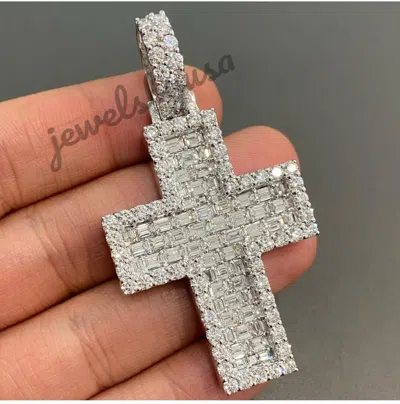 Pre-owned Nsg 2.1ct Men's Baguette Cubic Zirconia Cross Religious Pendant 925 Silver In White